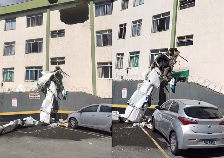 Avião de pequeno porte colide com prédio e cai em estacionamento em BH; acidente deixa dois mortos